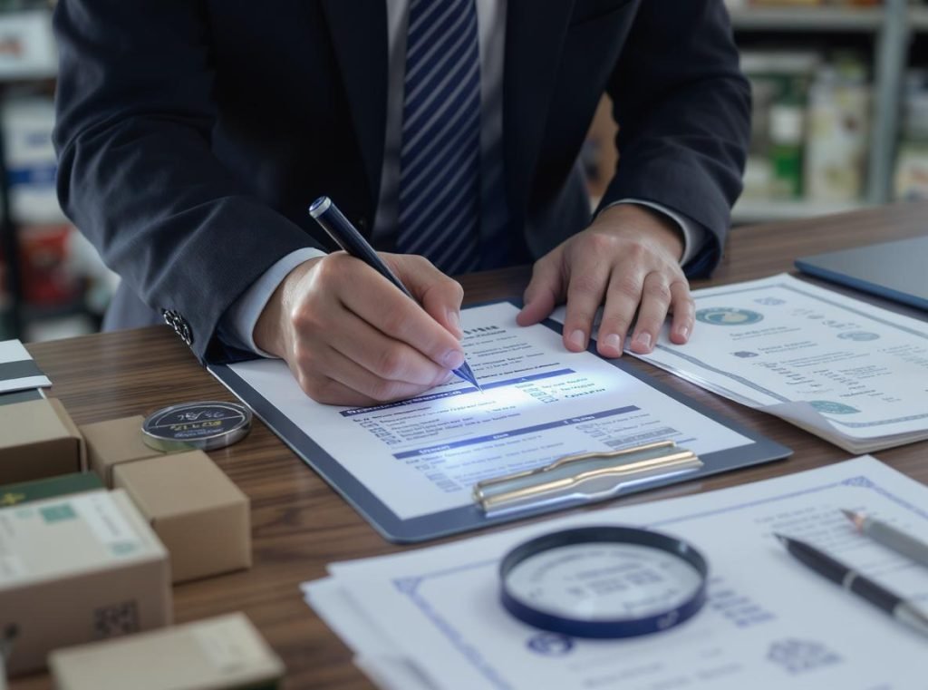 Quality inspector verifying packaging products with certificates and verification badges