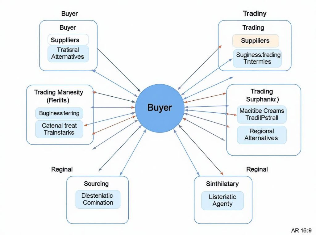 Supplier network diagram showing trading companies, sourcing agents, and alternative suppliers