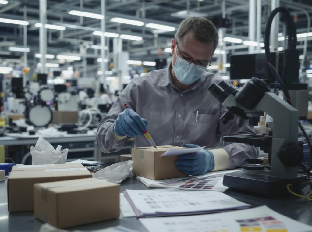 Quality control inspector testing custom packaging boxes with precision measuring equipment