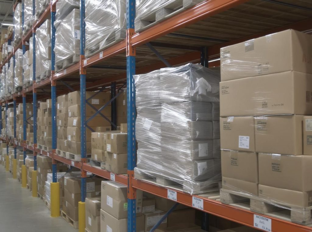 Warehouse showing different minimum order quantities for packaging from 25 to 3000 units