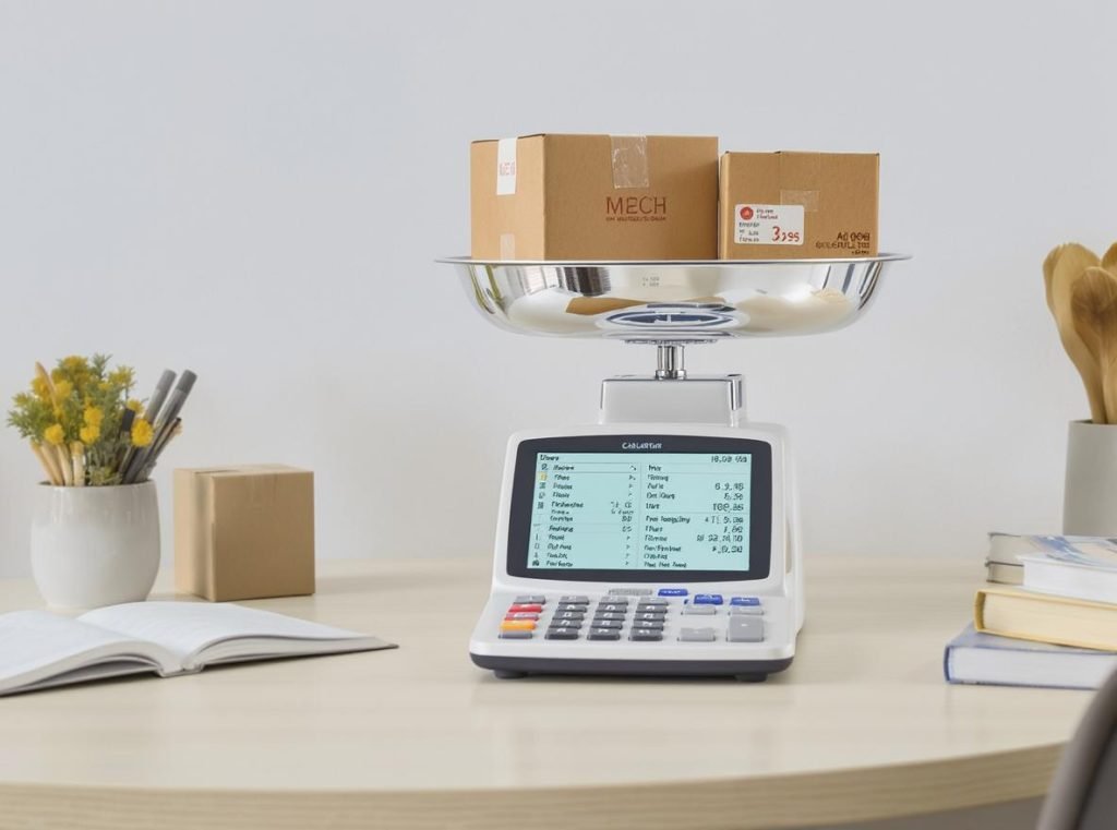 Calculator and scale showing dimensional weight calculation for custom box shipping optimization
