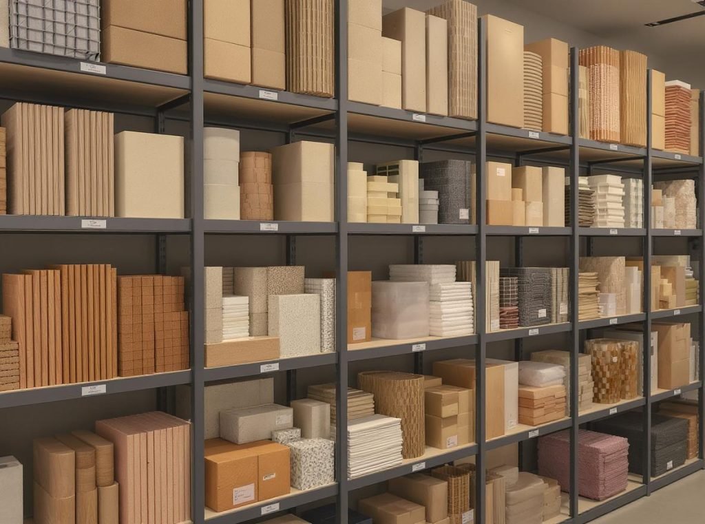 Packaging material selection display showing various cardboard and sustainable options