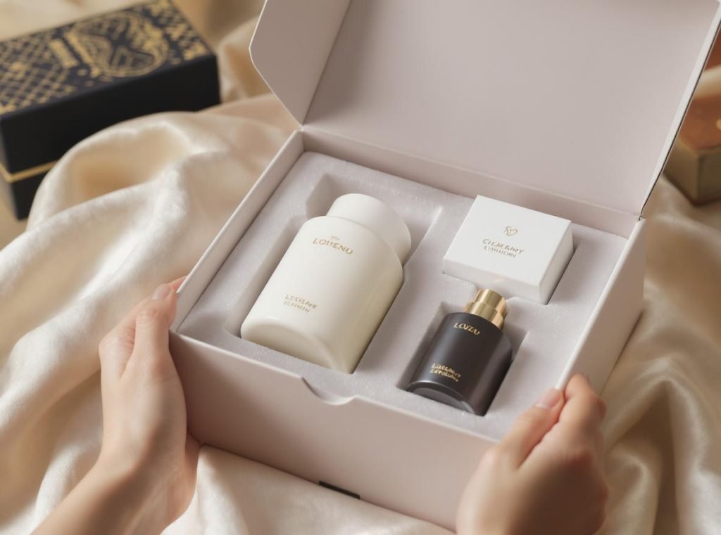 Elegant unboxing experience showing products perfectly positioned in custom foam inserts