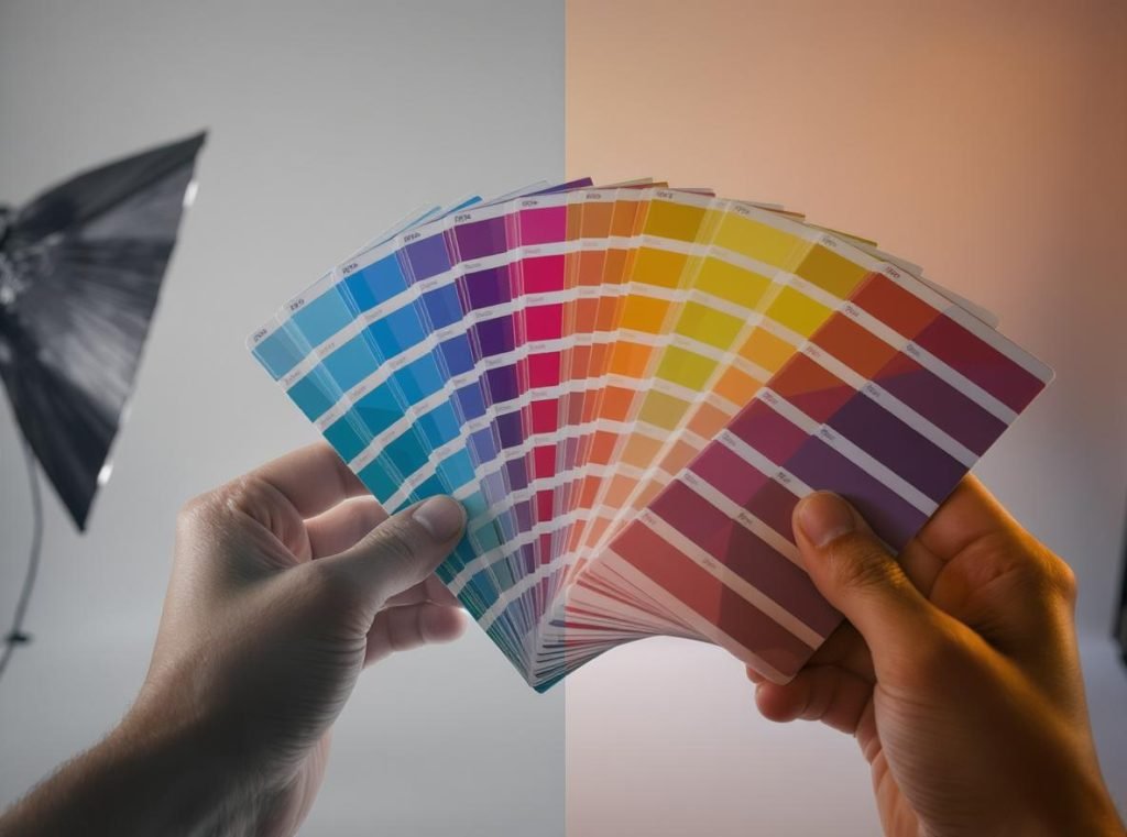 Physical color samples being evaluated under different lighting conditions