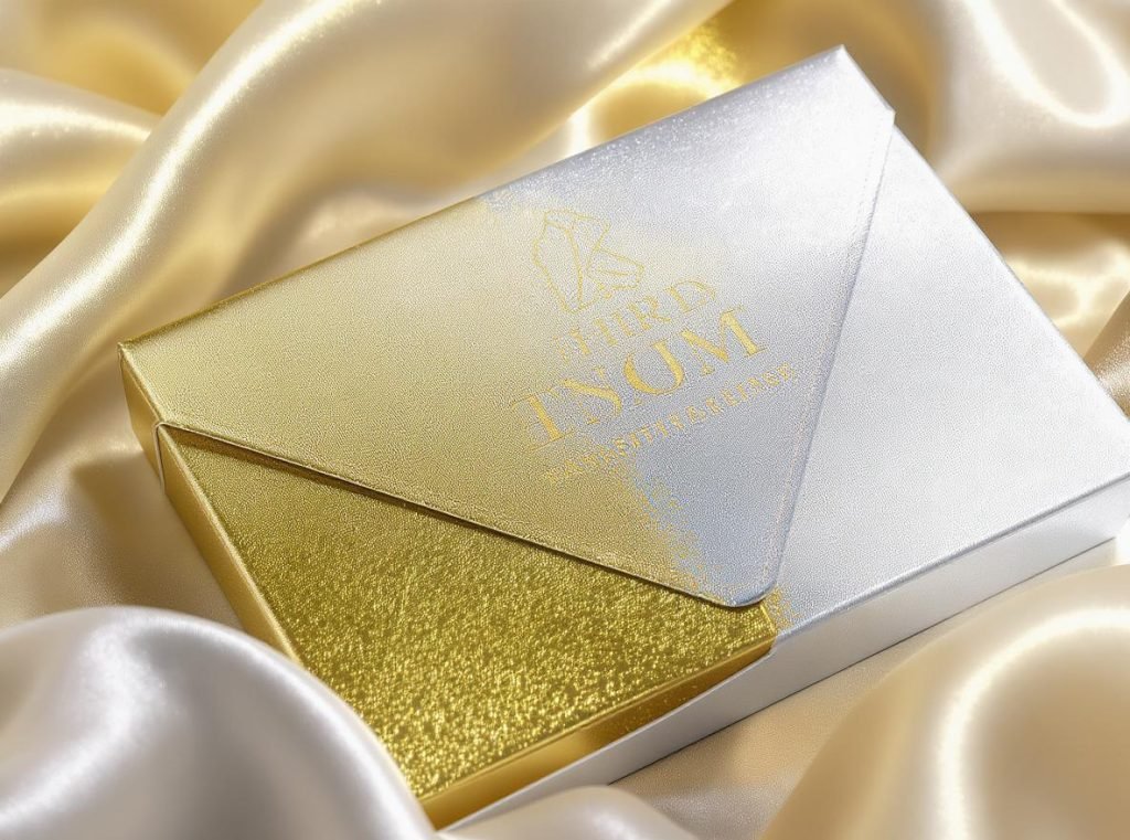 Foil stamping packaging with metallic gold and silver effects creating luxury brand positioning
