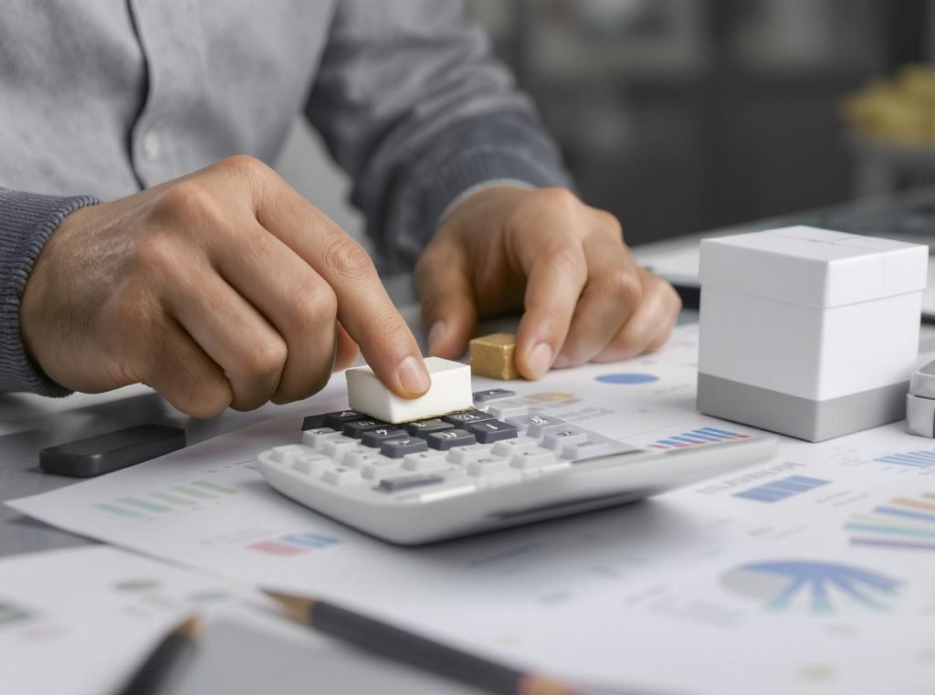 Cost comparison analysis for custom-printed versus fully custom-made packaging boxes with calculator and budget charts