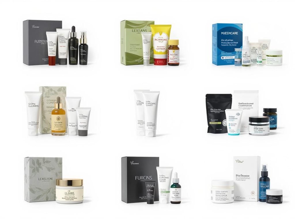 Custom packaging examples across different industries including cosmetics, food, and technology