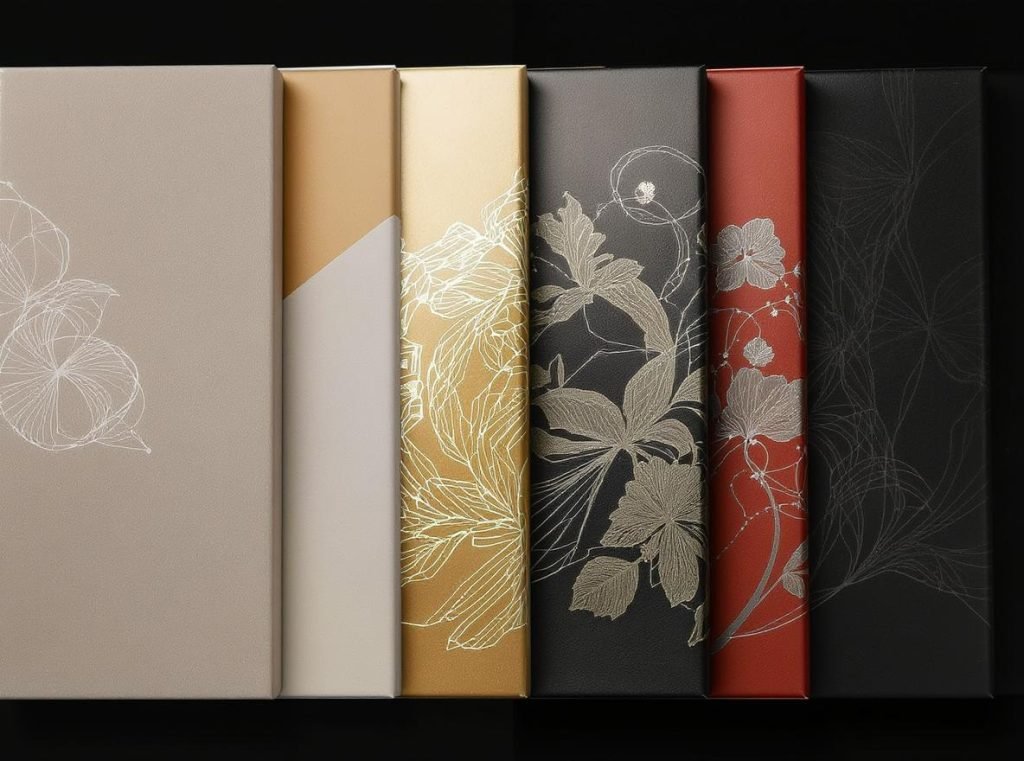 Custom box materials and finishes including embossing, foil stamping, and premium coatings