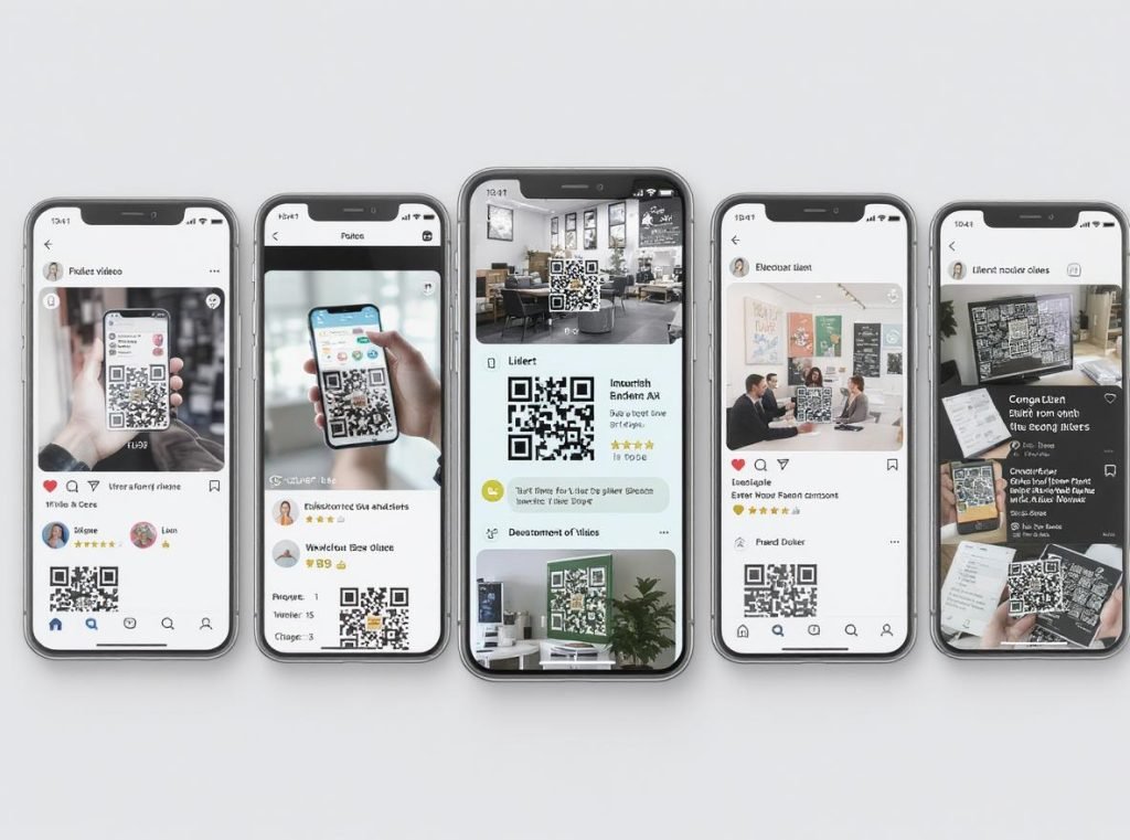 Multiple smartphone screens showing diverse QR code content types and digital experiences