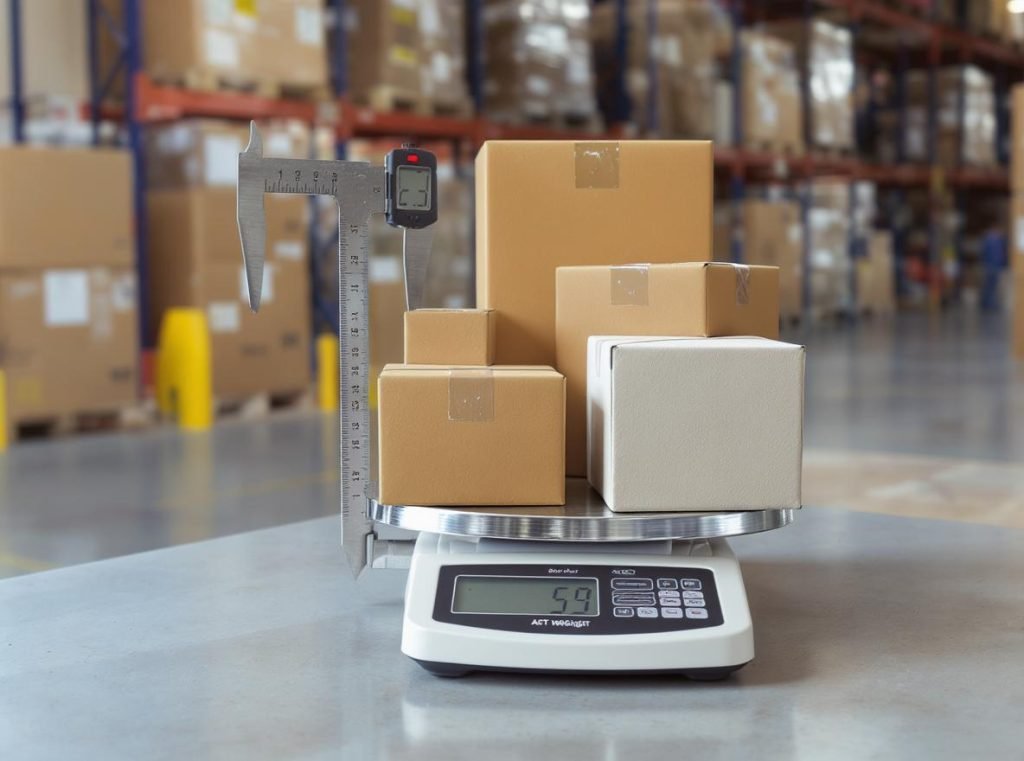 Dimensional weight measurement showing size and weight impact on packaging design