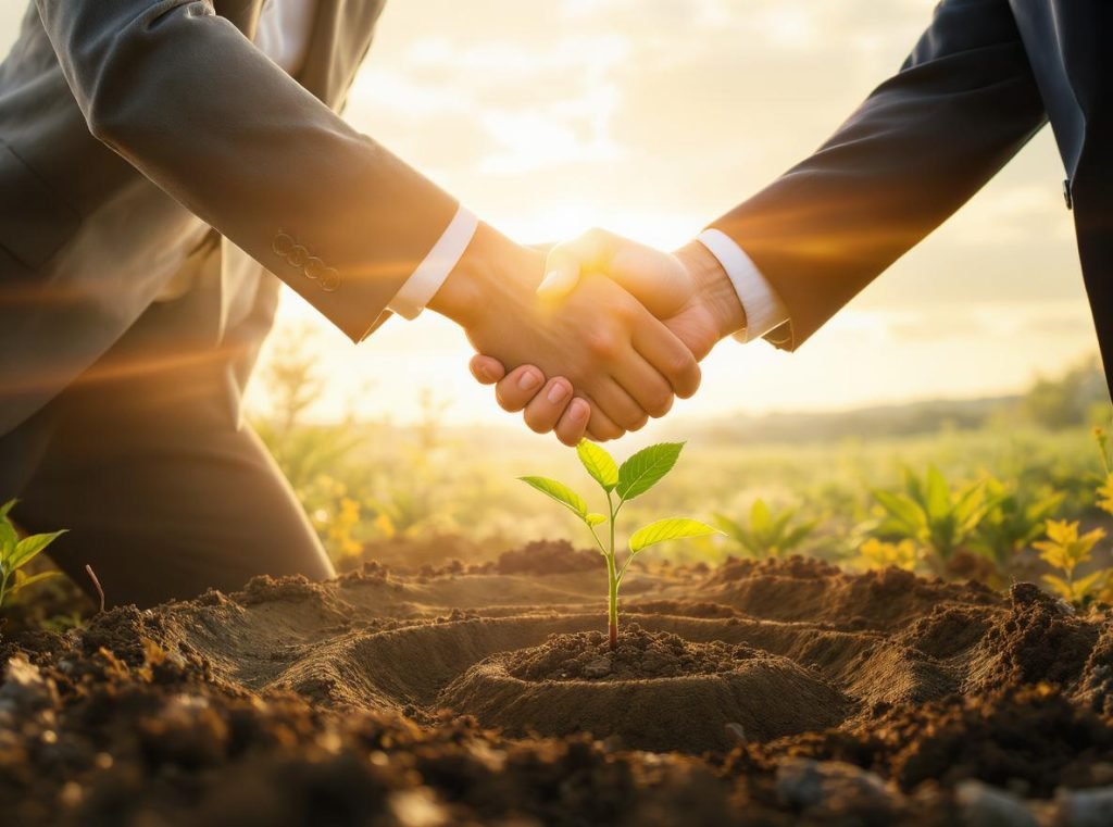 Business partners planting tree together symbolizing trust and long-term relationship growth