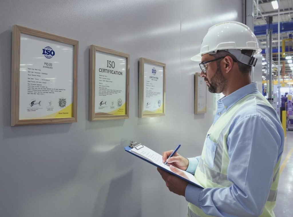 Professional auditor conducting supplier audit in modern manufacturing facility with ISO certifications