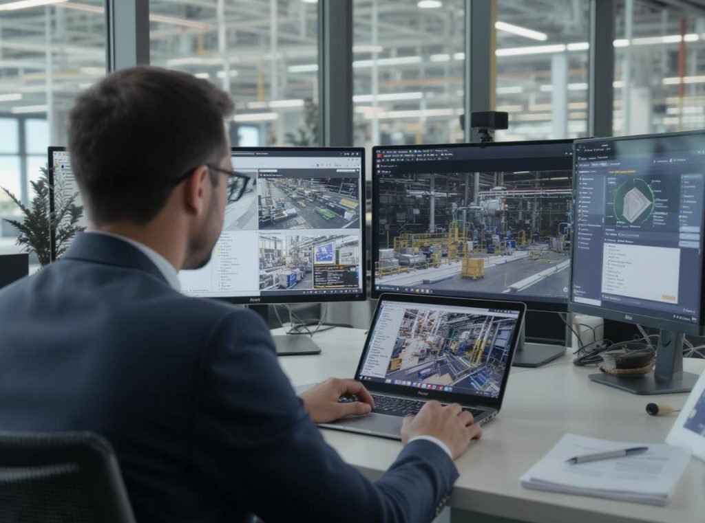 Business professional conducting remote factory capacity assessment via video call and virtual tour technology