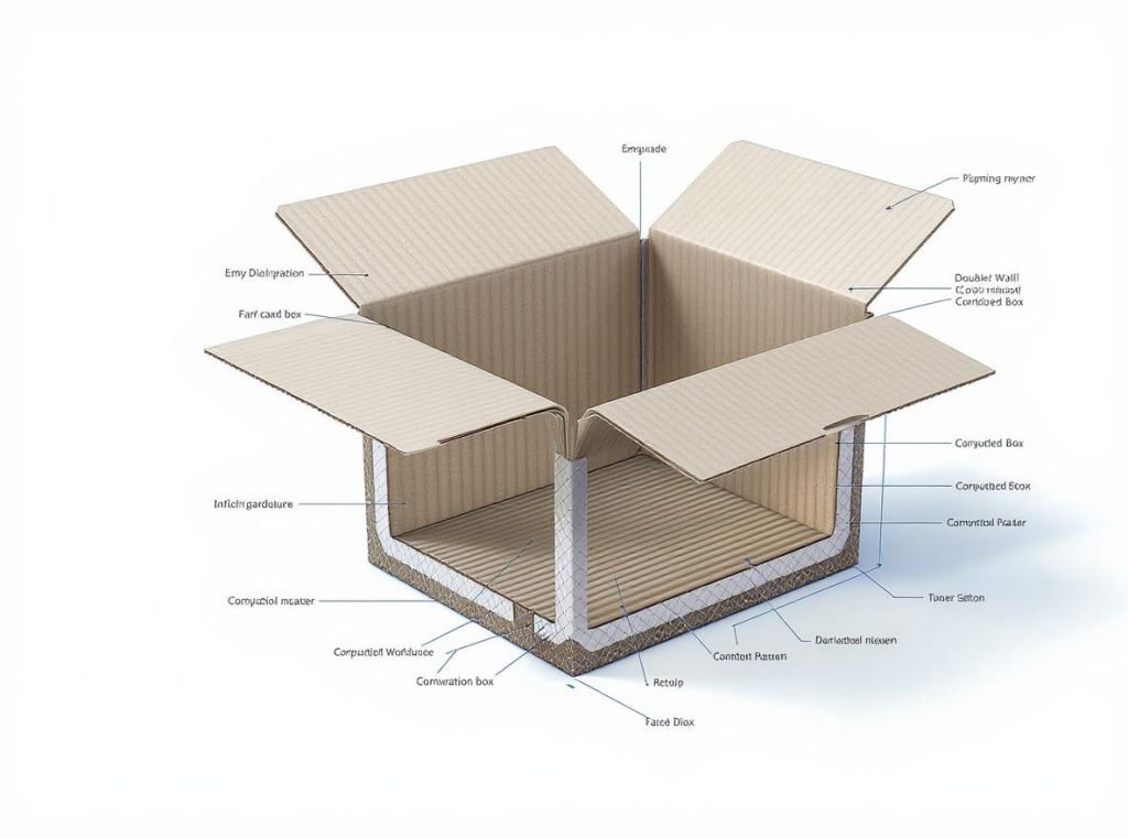 Cross-section of double-wall corrugated box showing five-ply construction for fragile packaging