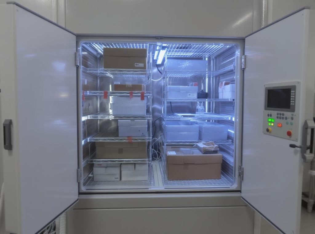 Environmental testing chamber for corrugated boxes with temperature and humidity control