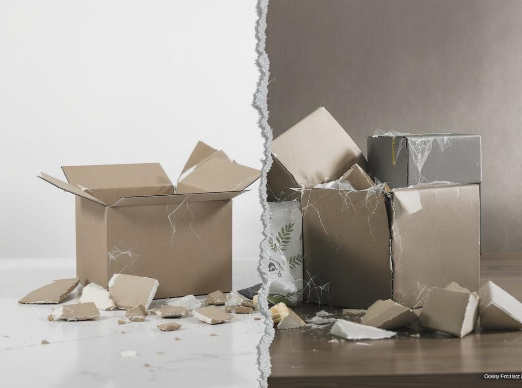 Comparison of damaged cheap packaging versus premium packaging showing hidden costs