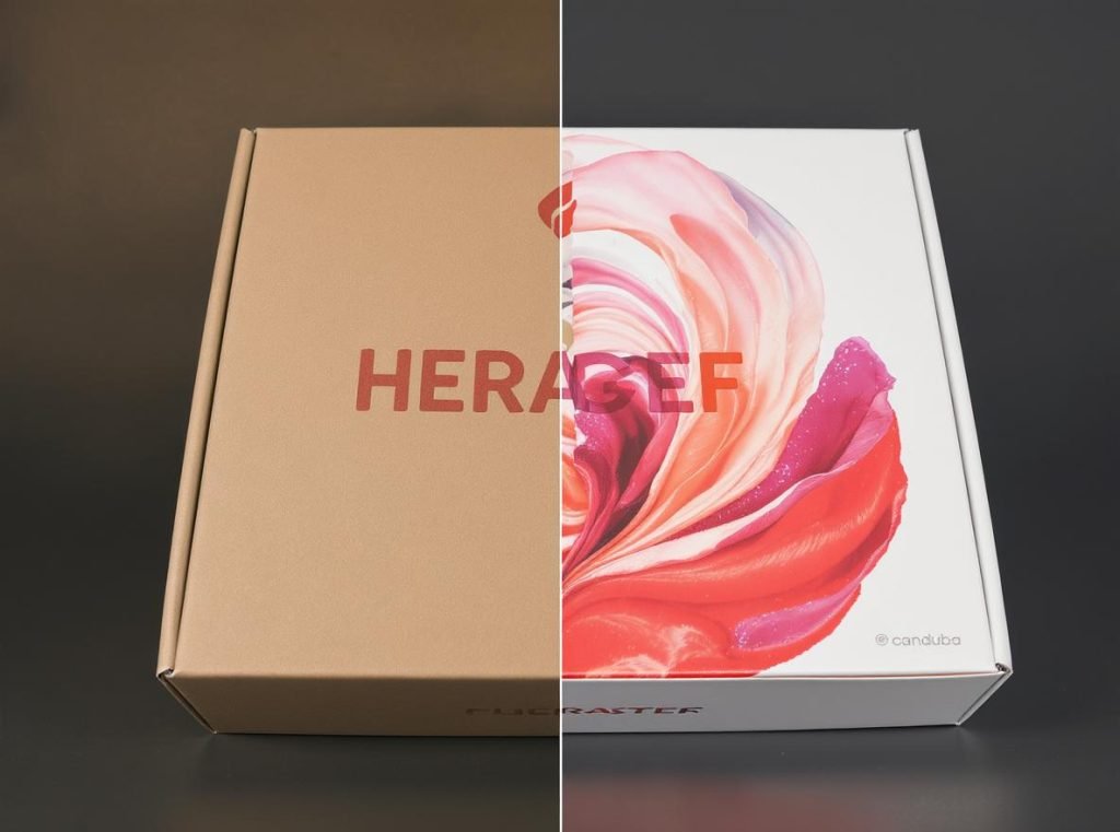 Comparison of printing results on brown kraft versus white corrugated base materials
