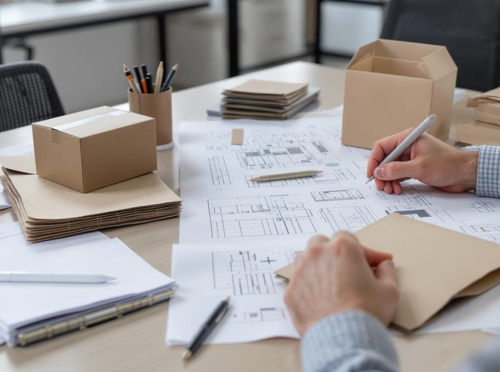 Packaging engineering workspace with corrugated box design blueprints and prototypes
