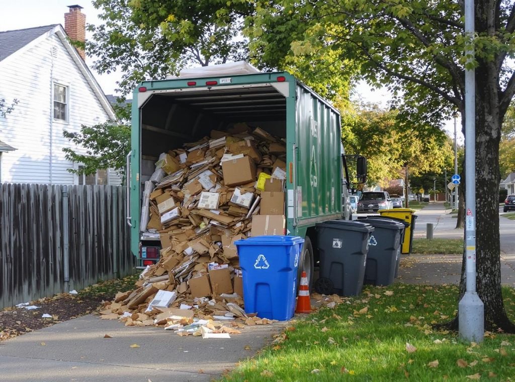 Curbside recycling collection showing recycling truck and residential cardboard disposal options