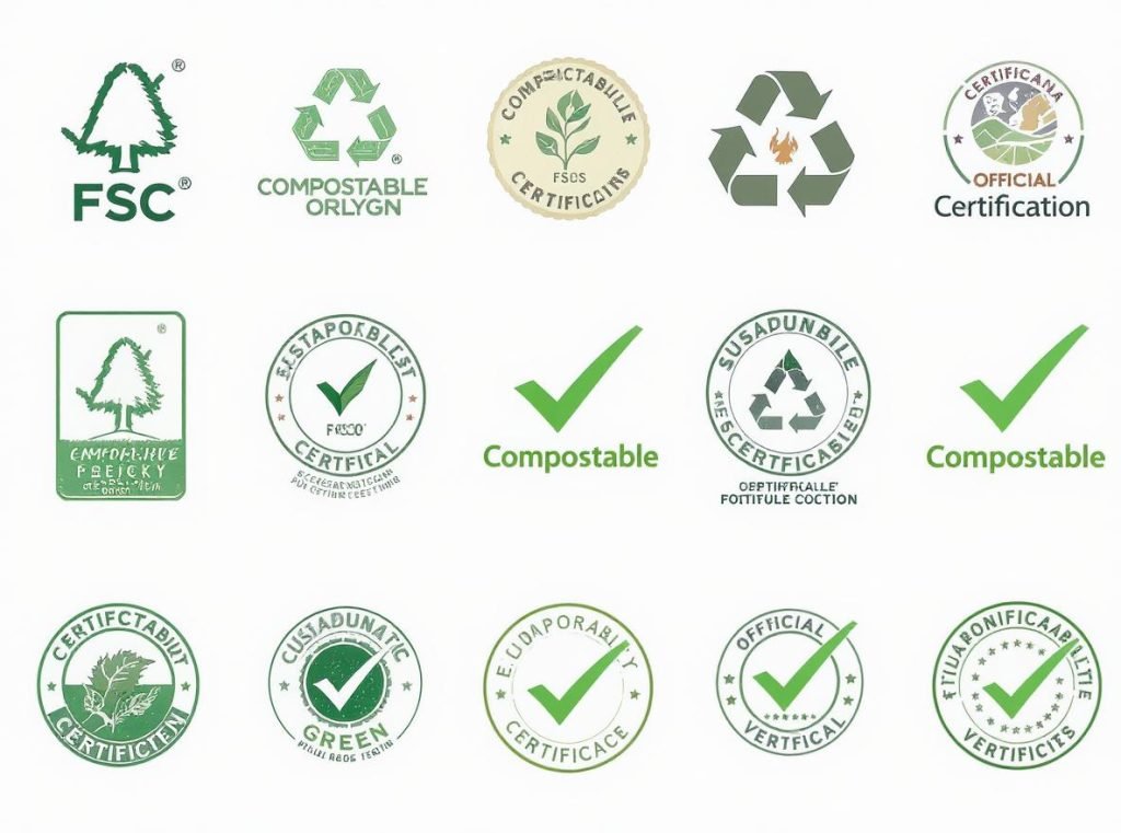 Important sustainability certifications for eco-friendly rigid boxes including FSC, compostable, and recycling certifications