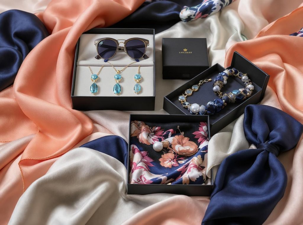 Fashion accessories displayed in luxury rigid boxes showing boutique-style presentation