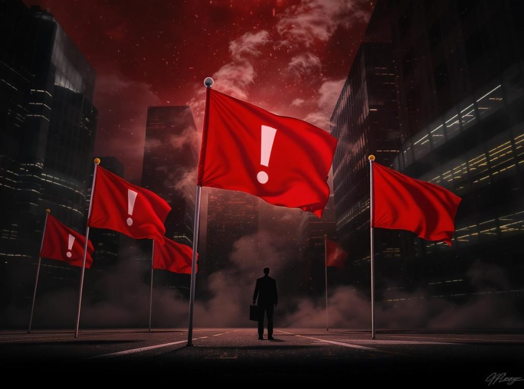 Red warning flags indicating trading company deception and supplier risks