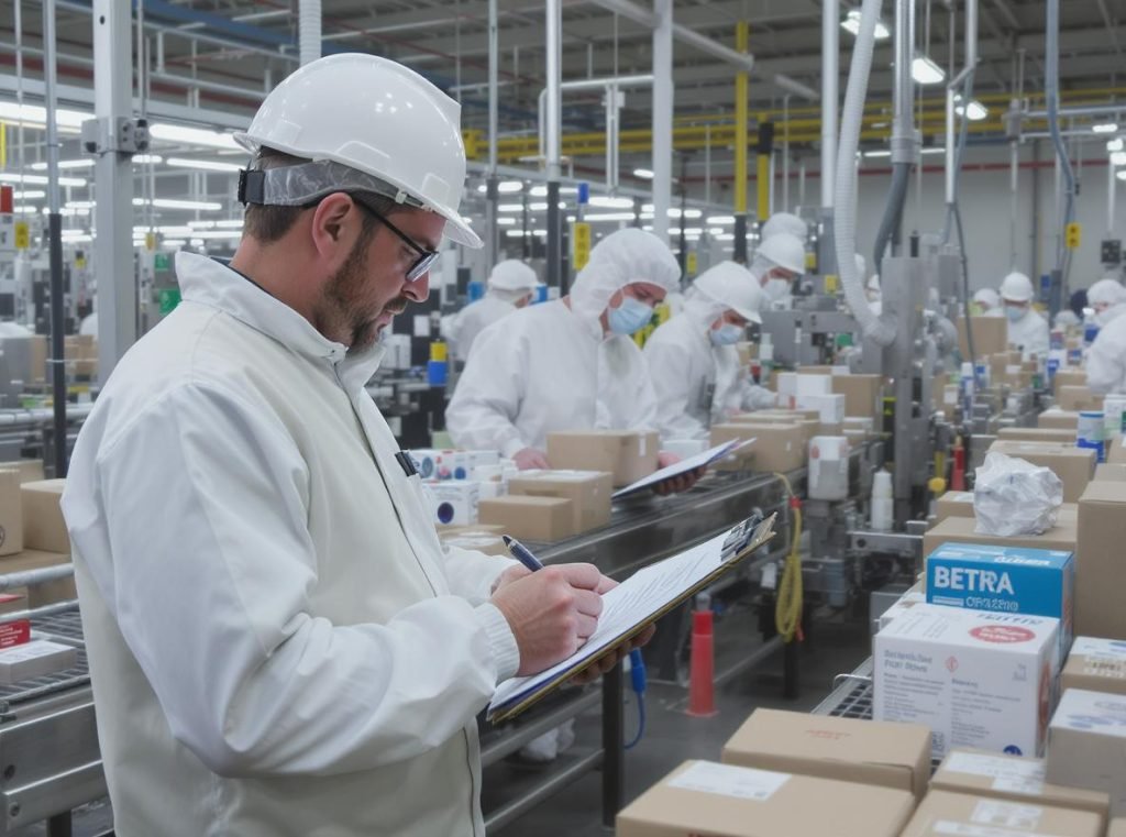 Quality auditor verifying packaging supplier credentials during facility inspection with compliance documentation
