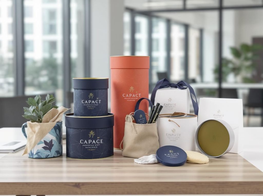 Promotional cylindrical boxes used for corporate gifts and marketing campaigns