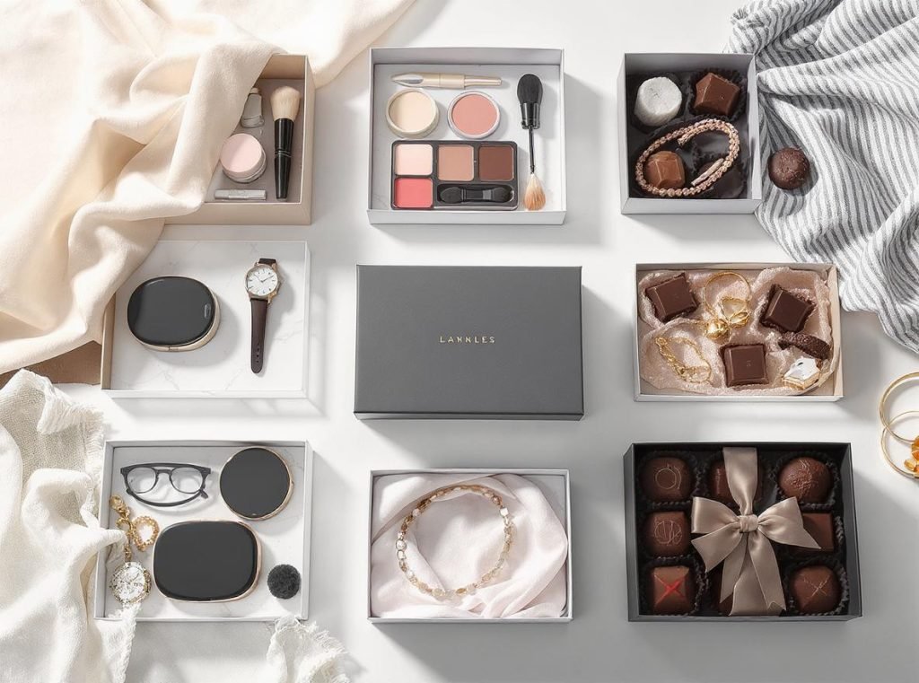 Different industries using hinged lid rigid boxes: cosmetics, electronics, jewelry, food, fashion