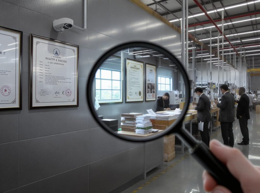Selecting IP-conscious manufacturers in China showing factory with security measures and quality certifications