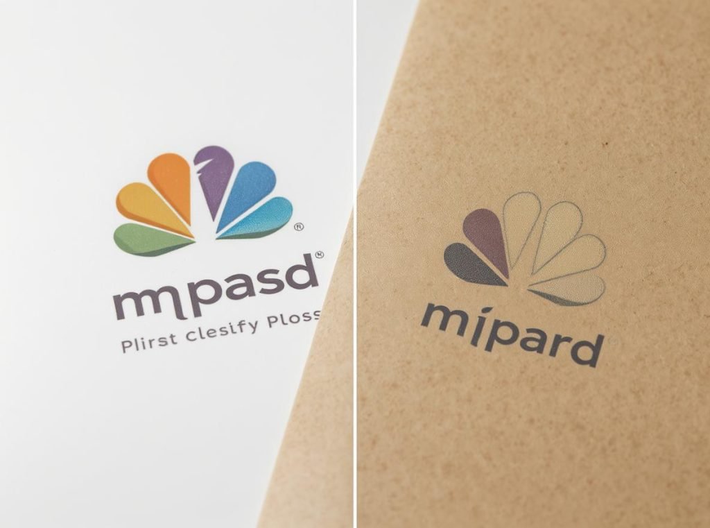 Printing quality comparison showing colorful graphics on bleached kraft paper versus simple design on unbleached kraft