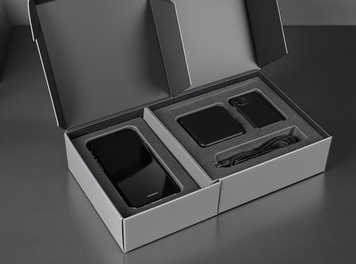 Electronic device packaging with protective two piece rigid box design