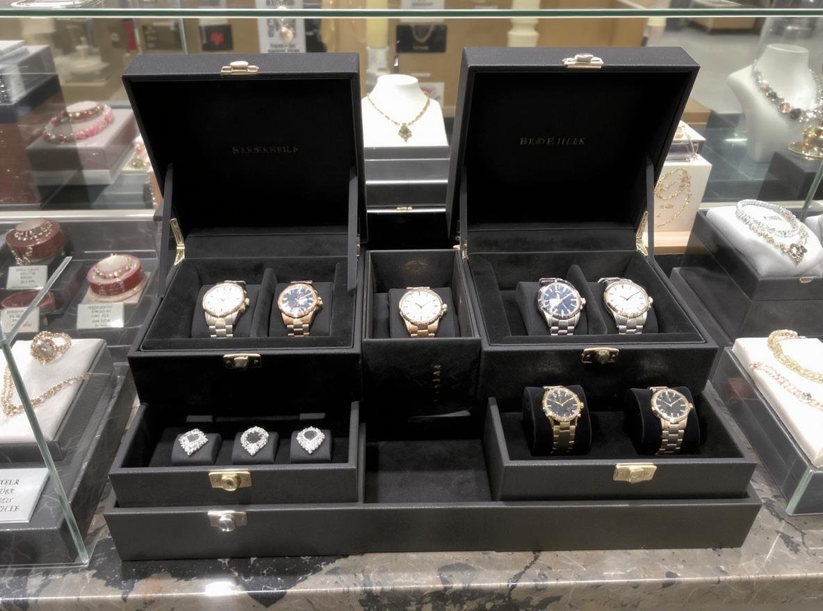 Jewelry and watches presented in custom collapsible rigid boxes with luxury interior finishes