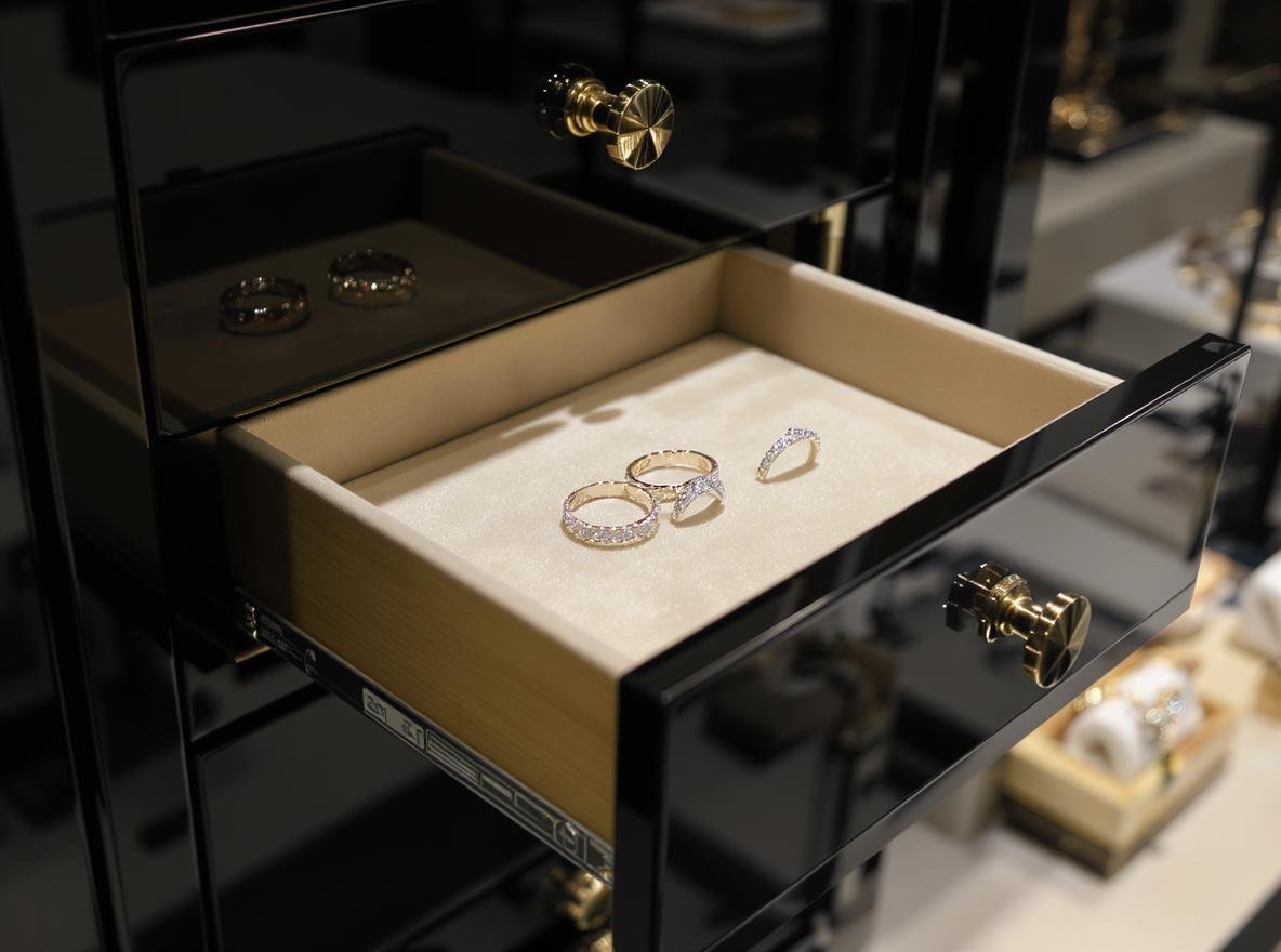 Jewelry drawer box with velvet insert displaying diamond rings in premium packaging
