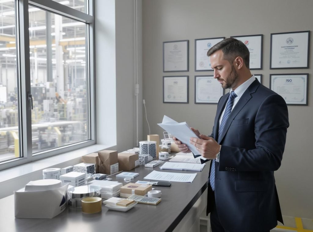 Businessman evaluating packaging manufacturer with checklist, samples, and ISO certificates