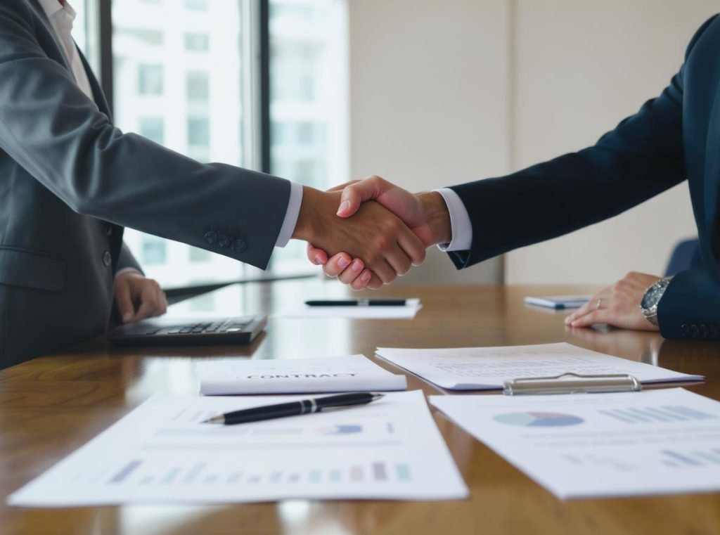 Business professionals creating win-win MOQ negotiation proposals in conference room