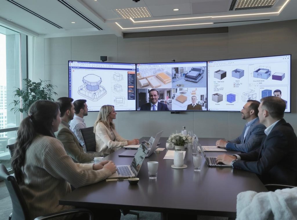 International video conference between clients and Chinese packaging factory team discussing project details