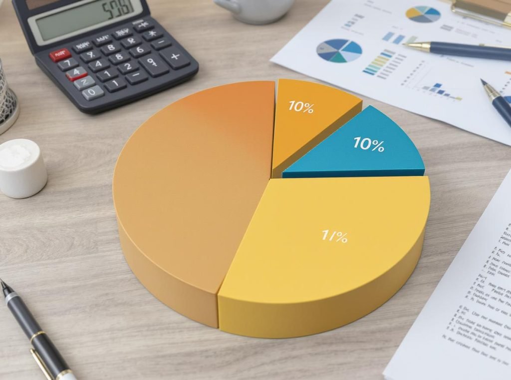 Budget allocation pie chart showing 10% packaging allocation with packaging materials and financial planning documents