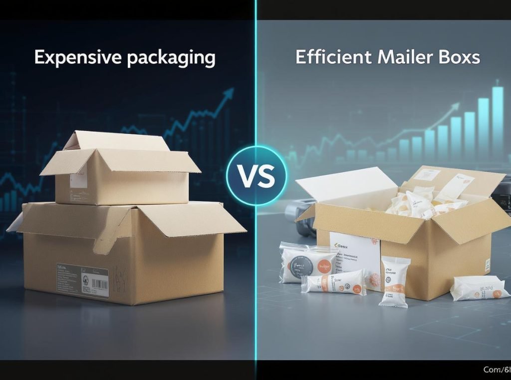 Cost comparison between standard packaging and custom mailer boxes showing savings