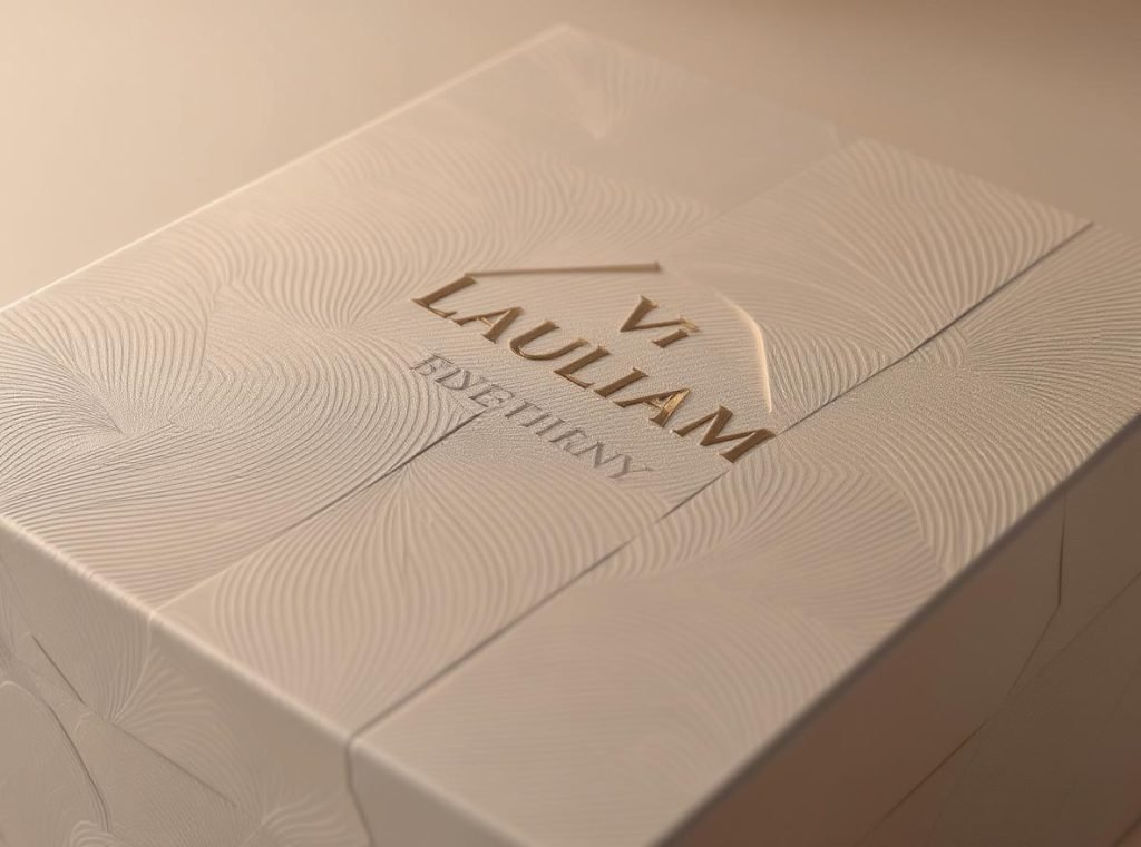Embossed packaging showing three-dimensional raised textures and sophisticated depth effects