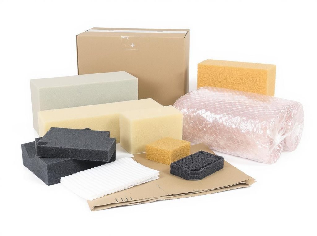 Various custom packaging materials including foam, corrugated cardboard, and protective cushioning
