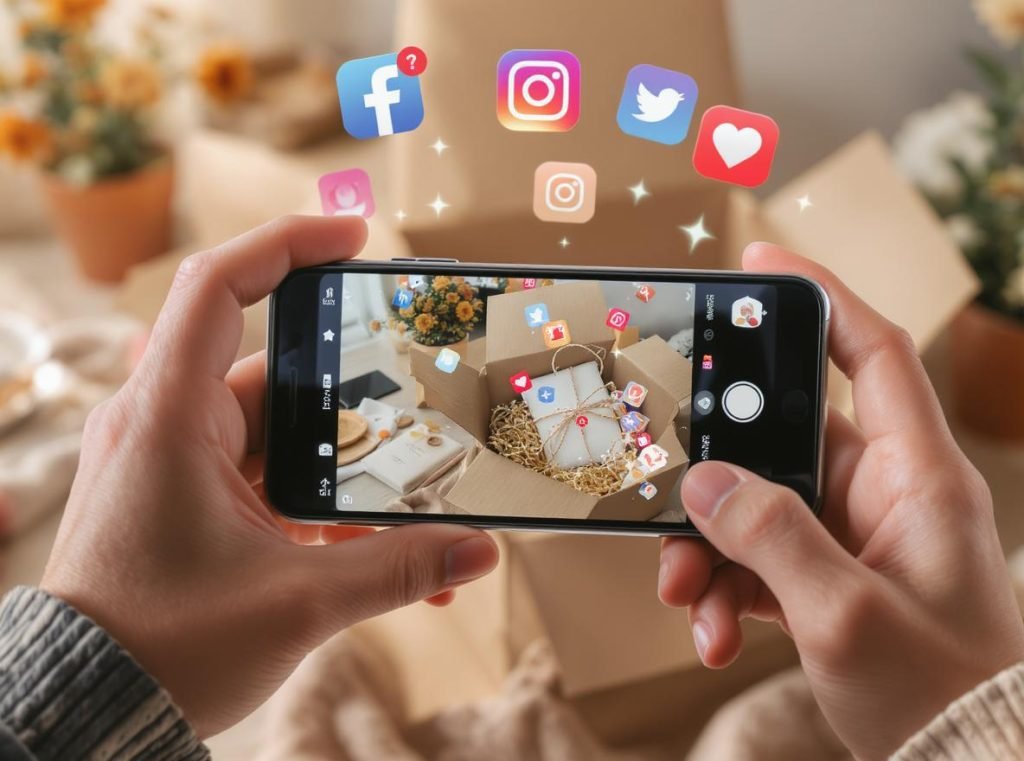 Smartphone photographing Instagram-worthy packaging for social media sharing and referrals
