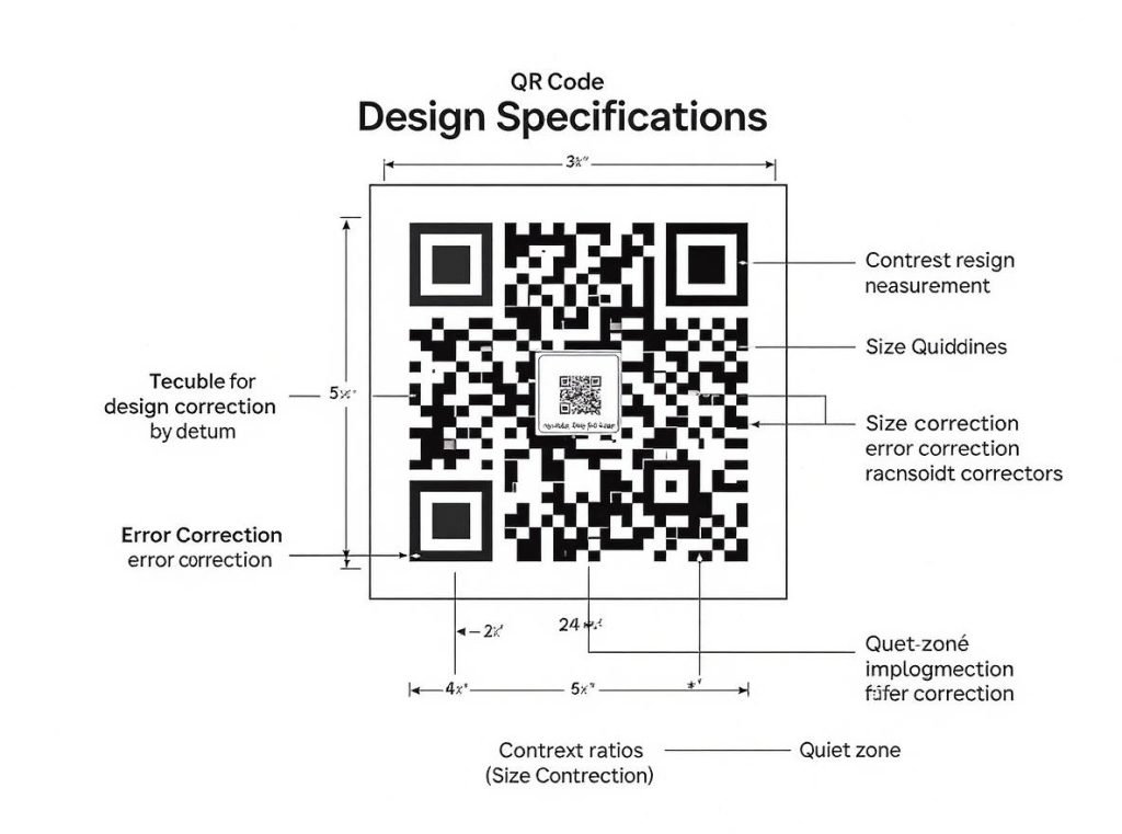 QR code design specifications showing technical requirements and measurement guidelines