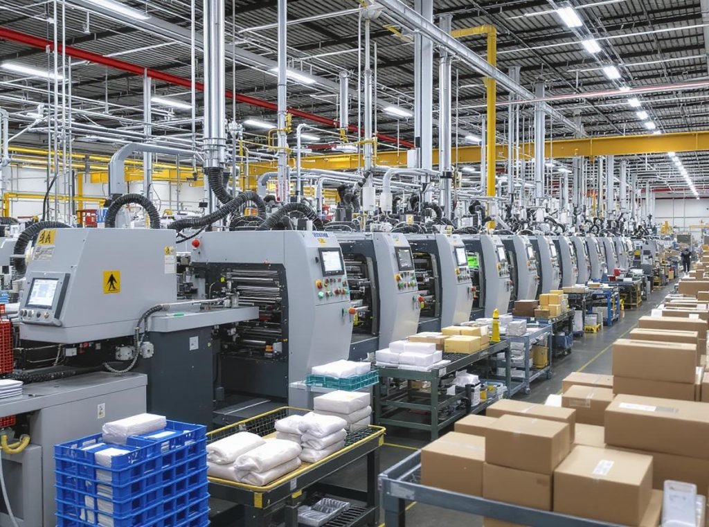 Modern packaging production facility with digital printing machines and quality control processes