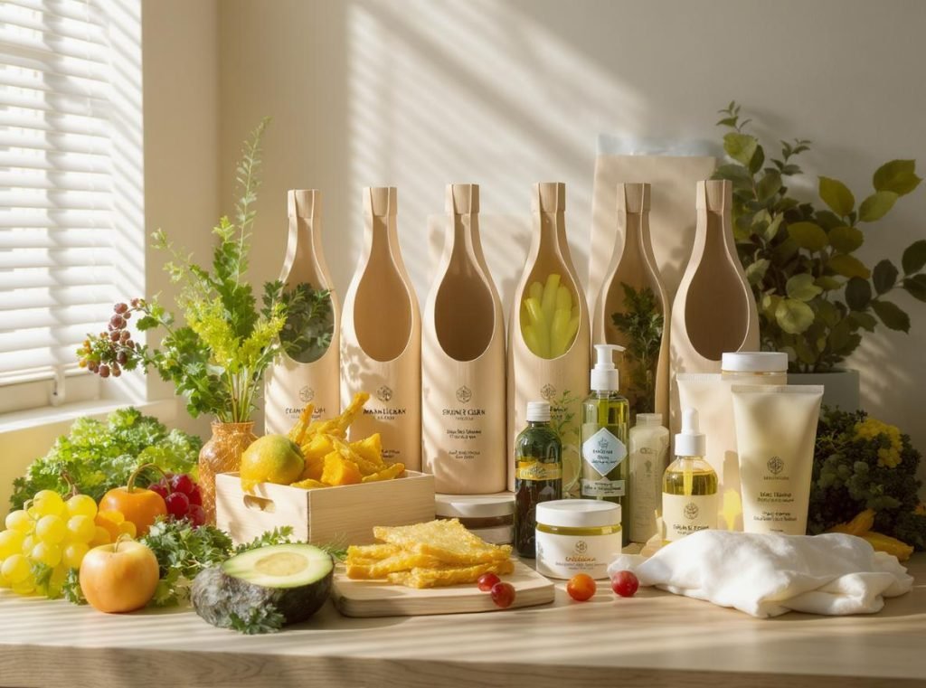 Food, beverage, and cosmetic products protected by molded pulp inserts showing stackable design
