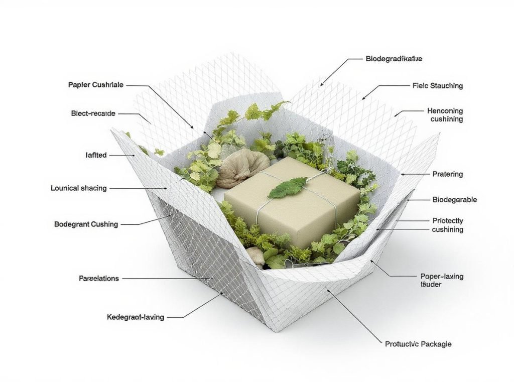 Cross-section view of protective eco-friendly packaging showing biodegradable cushioning and honeycomb structure
