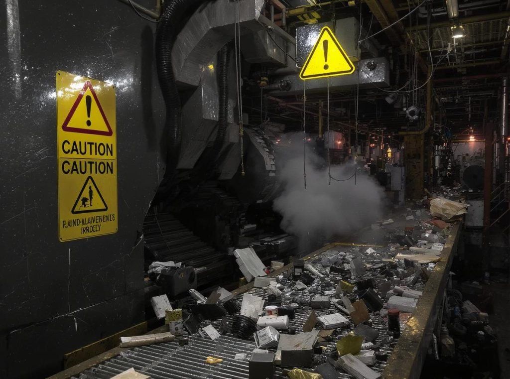 Factory red flags showing equipment maintenance issues, broken machinery, and disorganized production lines