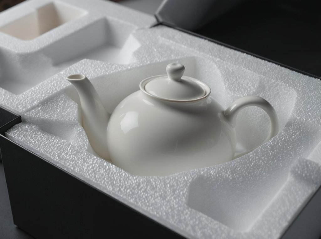 Ceramic teapot with custom protective packaging showing protection of vulnerable spout and handle