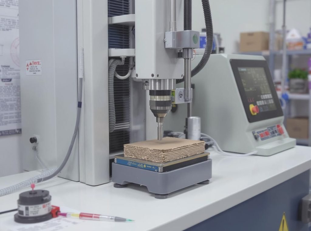 ECT testing equipment measuring cardboard compression strength to determine weight limits