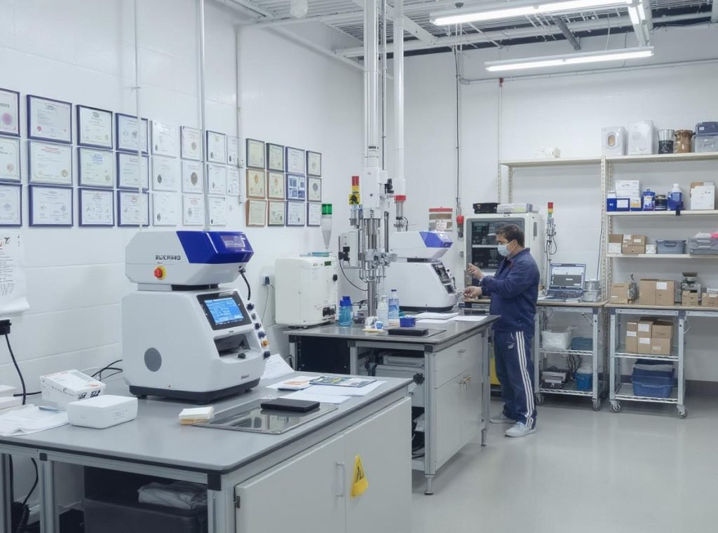 Quality control laboratory with packaging samples and testing equipment